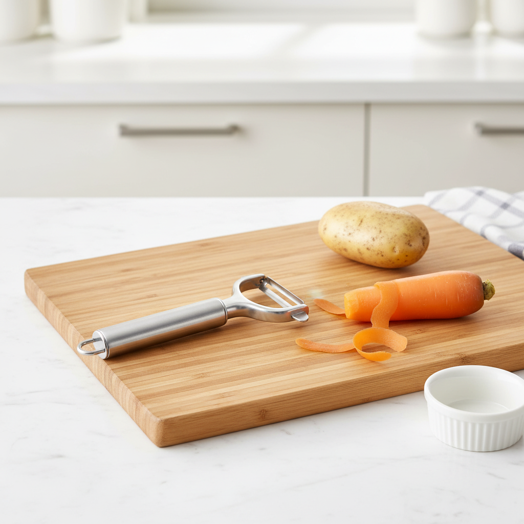 Stainless steel vegetable peeler on wooden cutting board with partially peeled carrot and potato