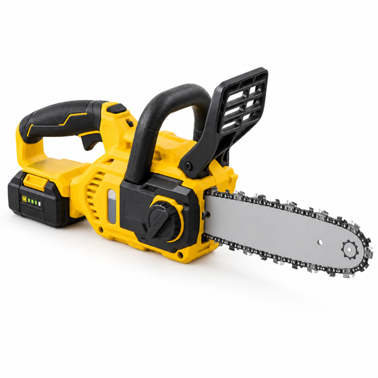 20V cordless 10-inch electric chainsaw with steel guide bar, sharp saw chain, handguard chain brake, and lithium battery on a pure white background