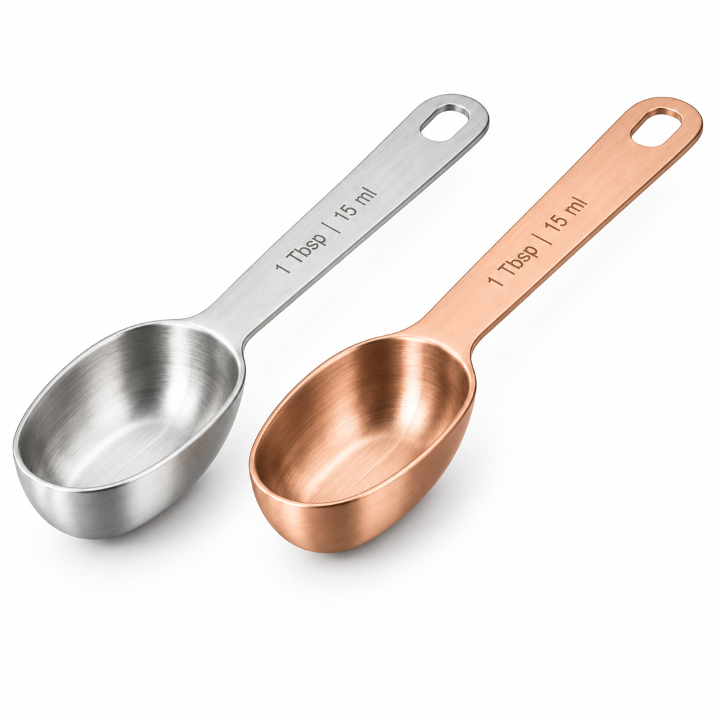 Single stainless steel measuring spoons in silver brushed and rose gold finishes on pure white background
