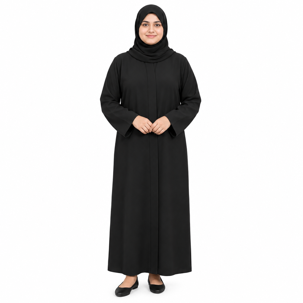 Model in a black hijab wearing a plain black full-length front open abaya worn closed, on a white background