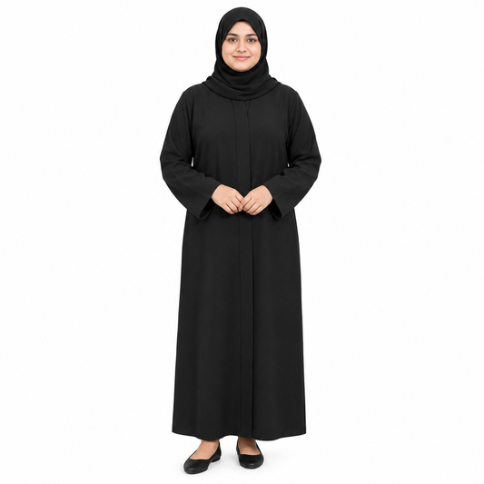 Model in a black hijab wearing a plain black full-length front open abaya worn closed, on a white background