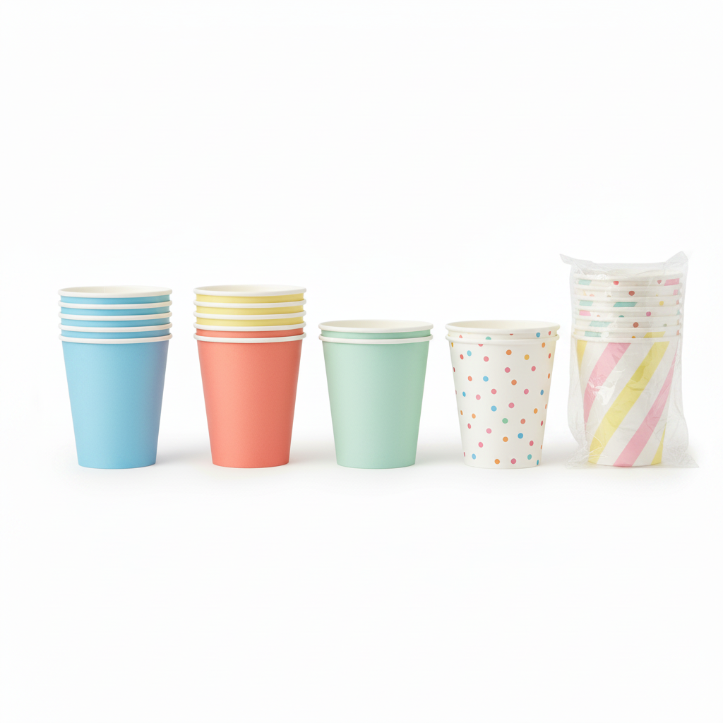 Assorted disposable paper cup stacks with rolled rims and one patterned stack shown in transparent bulk-friendly packaging.
