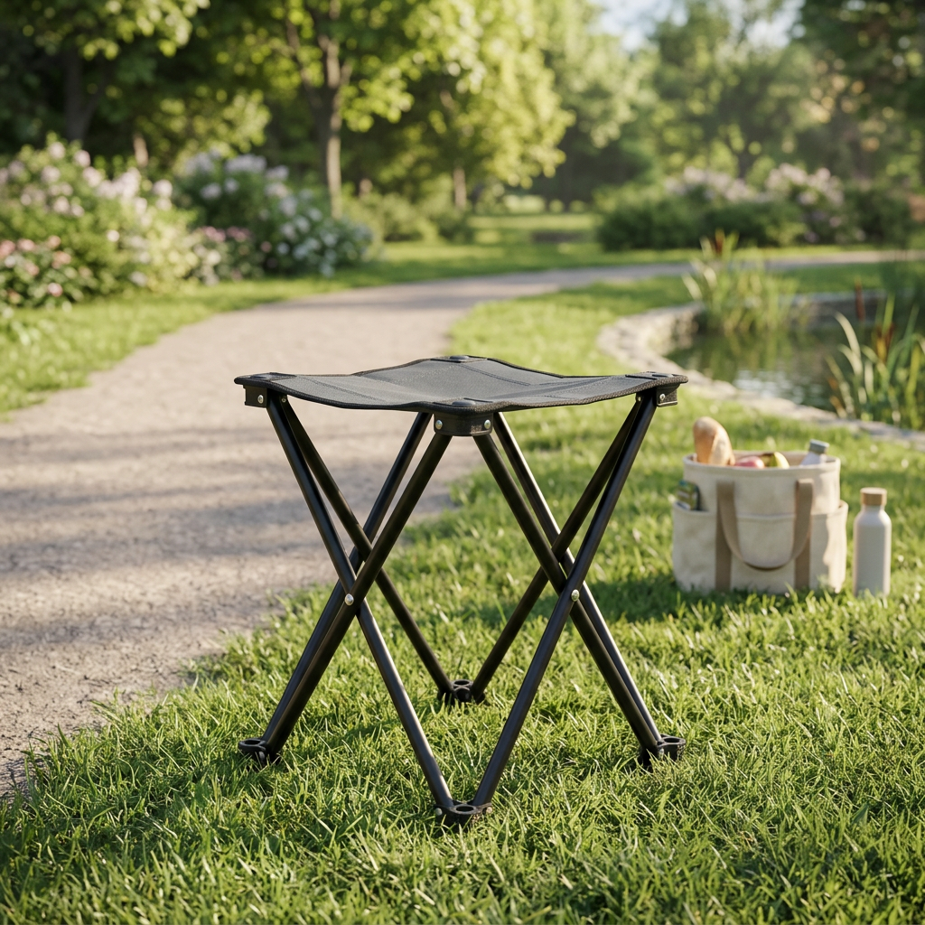 Outdoor folding stool placed stably on level ground in an outdoor recreational park picnic setting