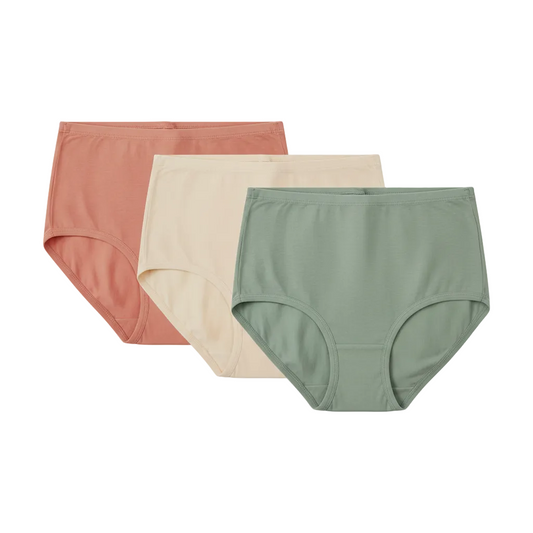 Front view of 3-piece set of high waist cotton briefs in coral, cream, and sage green on white background