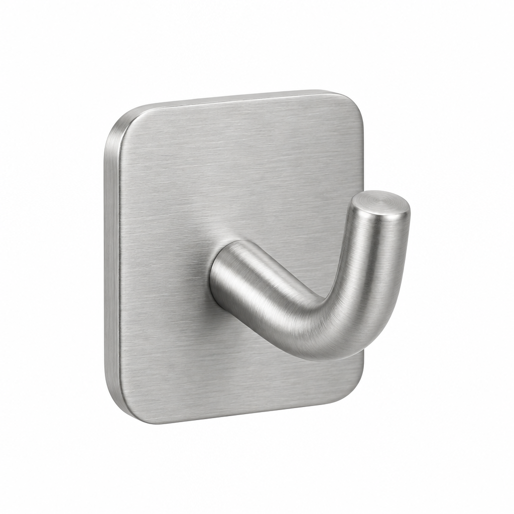 Self-adhesive wall hook in brushed stainless steel with rounded square base on white background