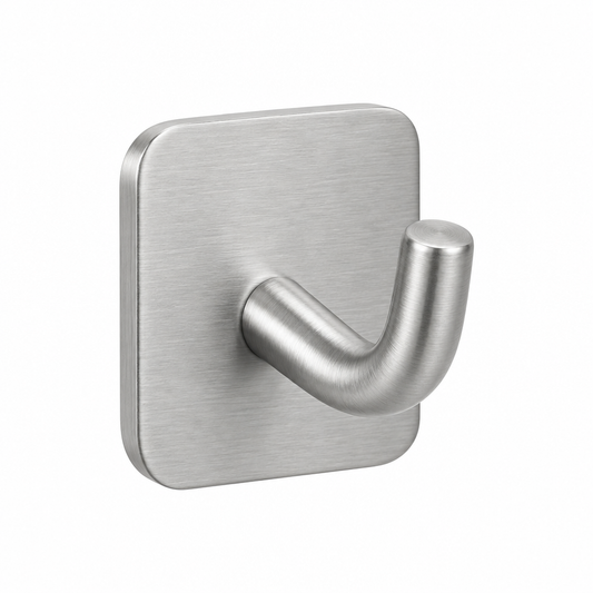 Self-adhesive wall hook in brushed stainless steel with rounded square base on white background