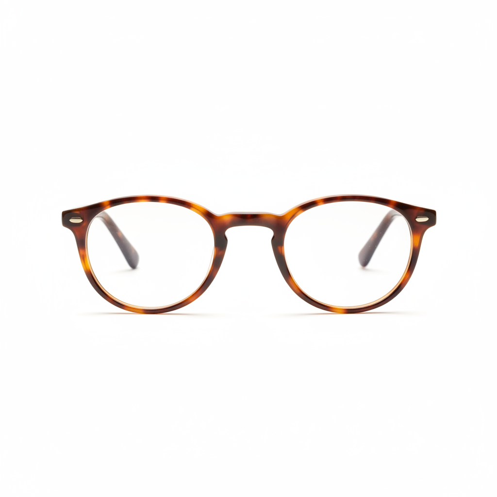 Vintage round reading glasses with glossy Havana tortoiseshell frame front view on white background