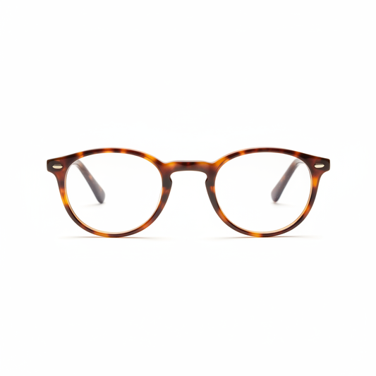 Vintage round reading glasses with glossy Havana tortoiseshell frame front view on white background