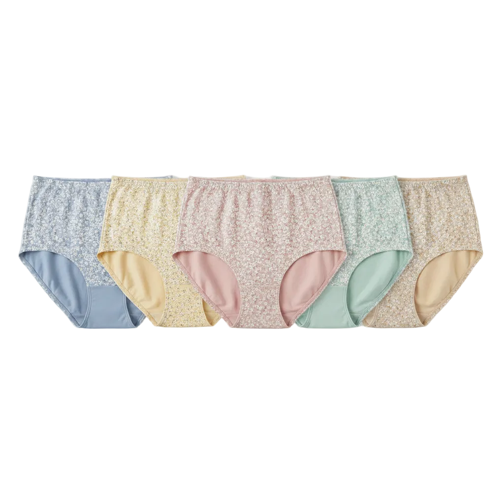 Lifestyle view of printed cotton briefs folded on a clean wooden table