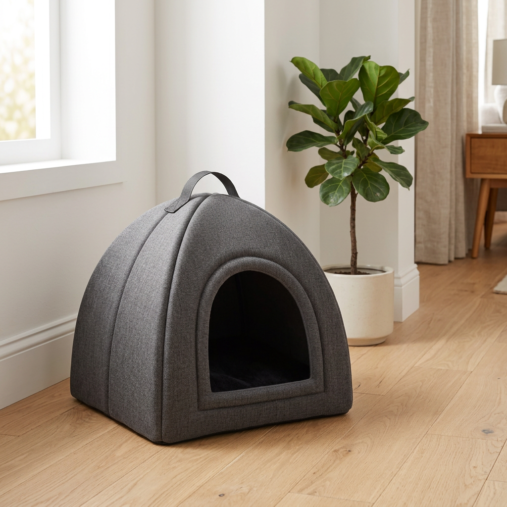 Covered cat cave bed resting on oak hardwood floor in modern living room near potted plant