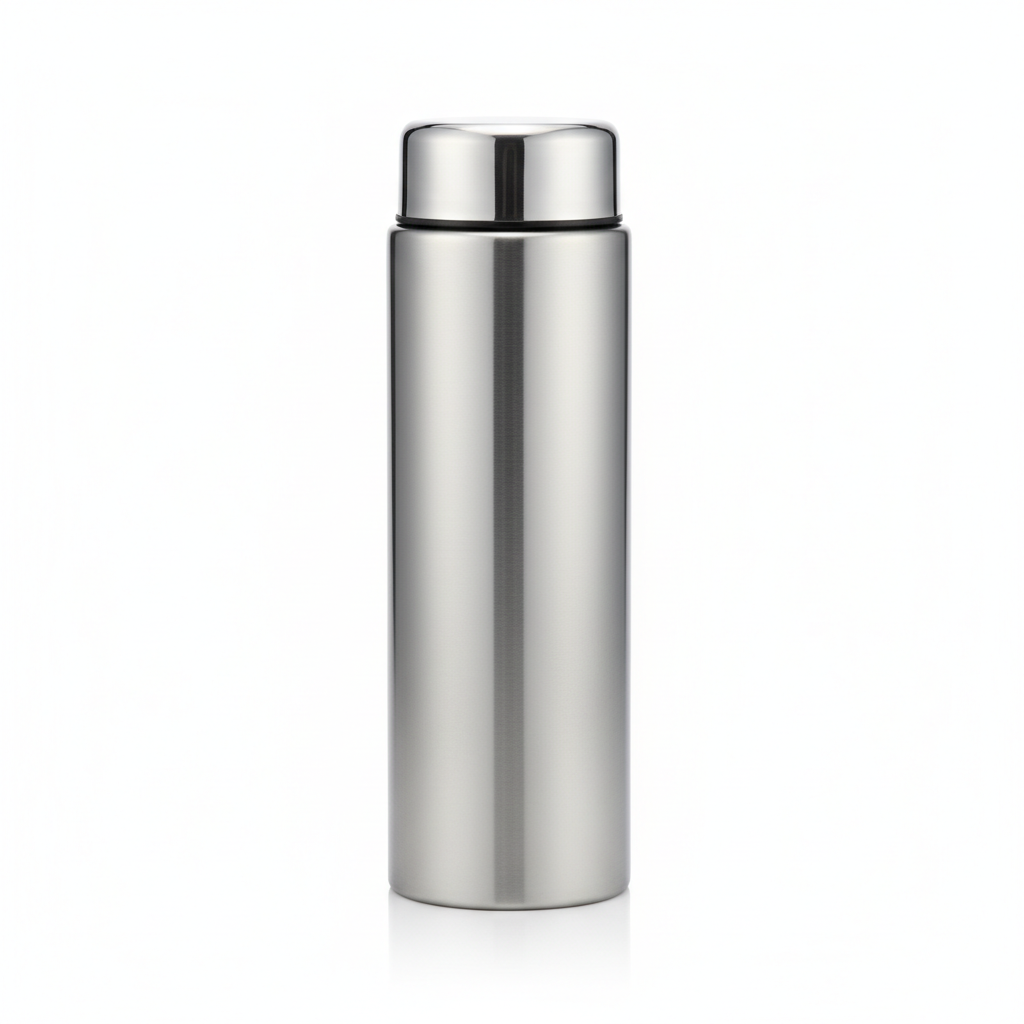 Tall stainless steel vacuum flask with screw cup lid on pure white background
