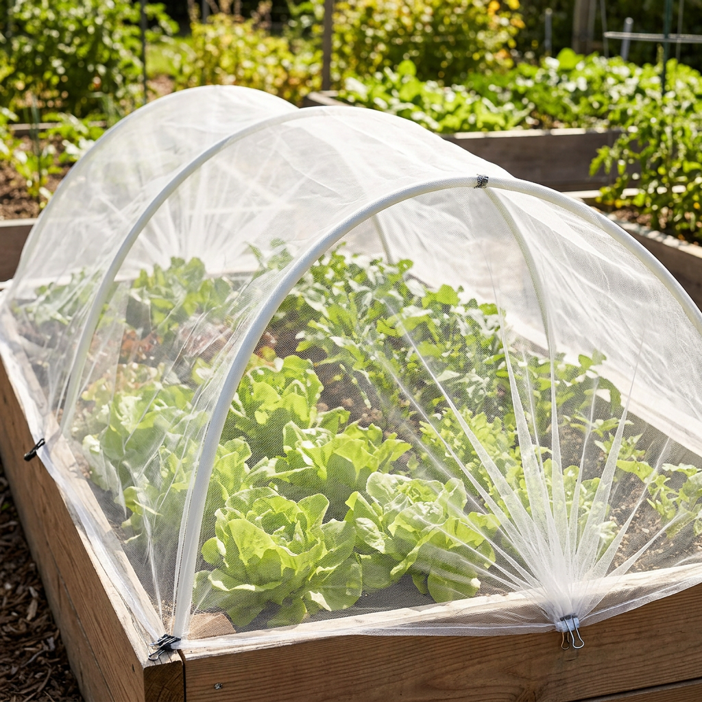 White garden insect netting installed over arched hoops protecting green vegetable crops in a garden bed in bright sunlight