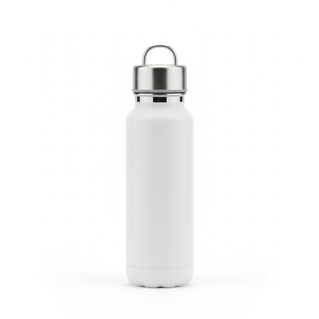 Matte white stainless steel insulated water bottle with steel loop cap on pure white background