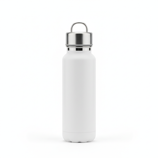 Matte white stainless steel insulated water bottle with steel loop cap on pure white background