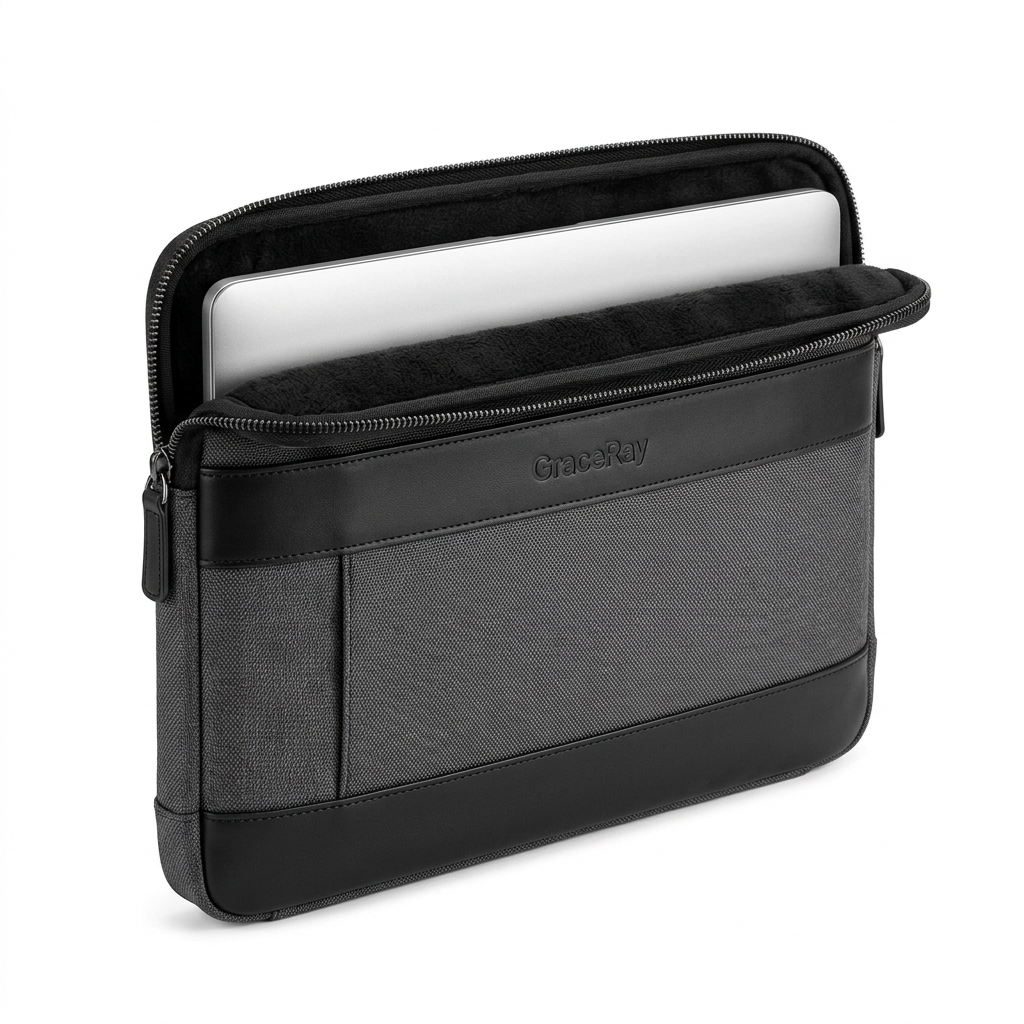 Custom logo executive laptop sleeve with a compatible laptop partially inserted.