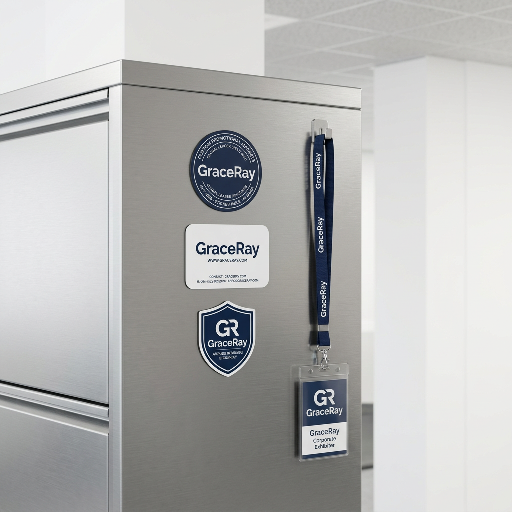 Custom promotional flexible magnets displayed on an office magnetic panel beside a lanyard for event giveaways