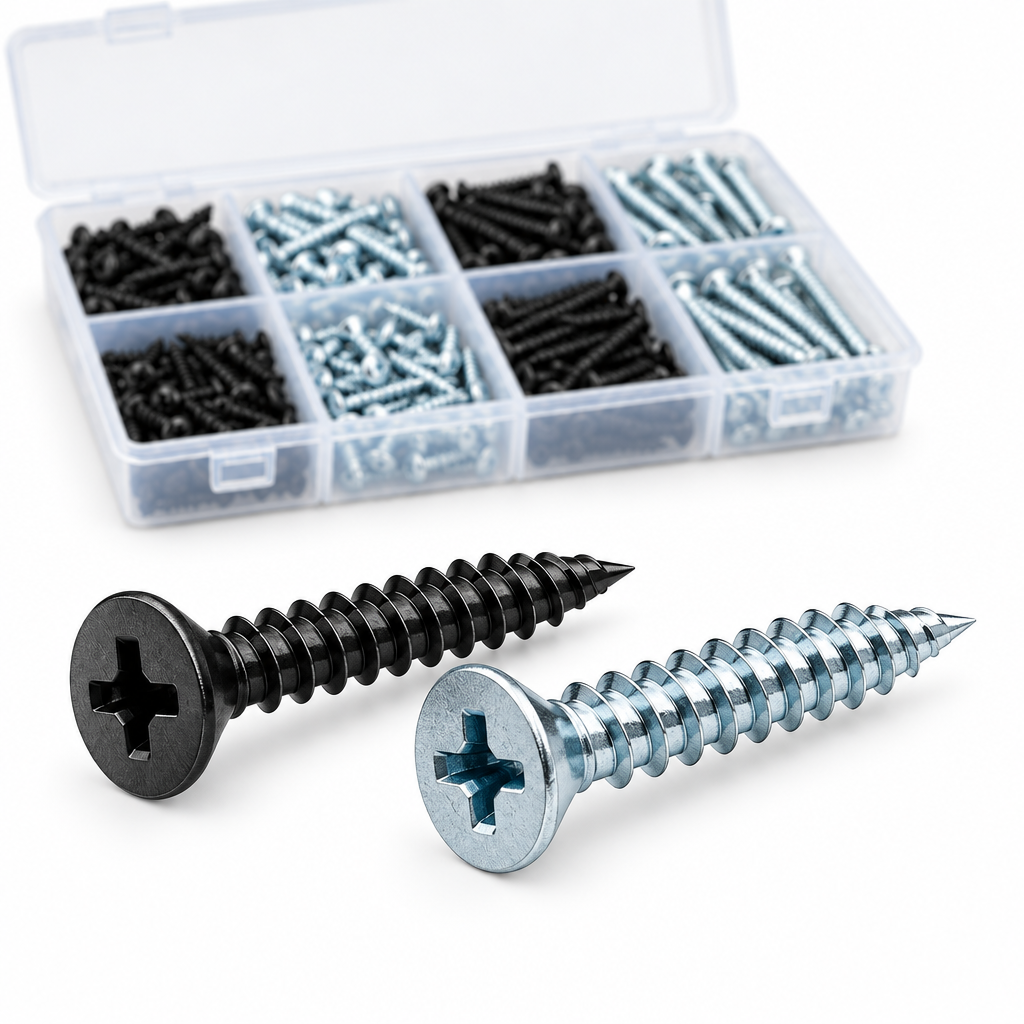 Close-up macro view of black phosphate and zinc-plated self-tapping screws highlighting the sharp gimlet piercing point, helical thread crests, and deep Phillips drive recess on a pure white background