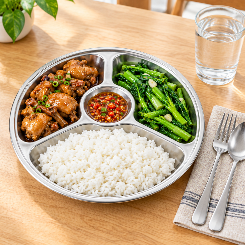 Stainless steel divided compartment plate with a meal on a wooden dining table with a drinking glass and flatware