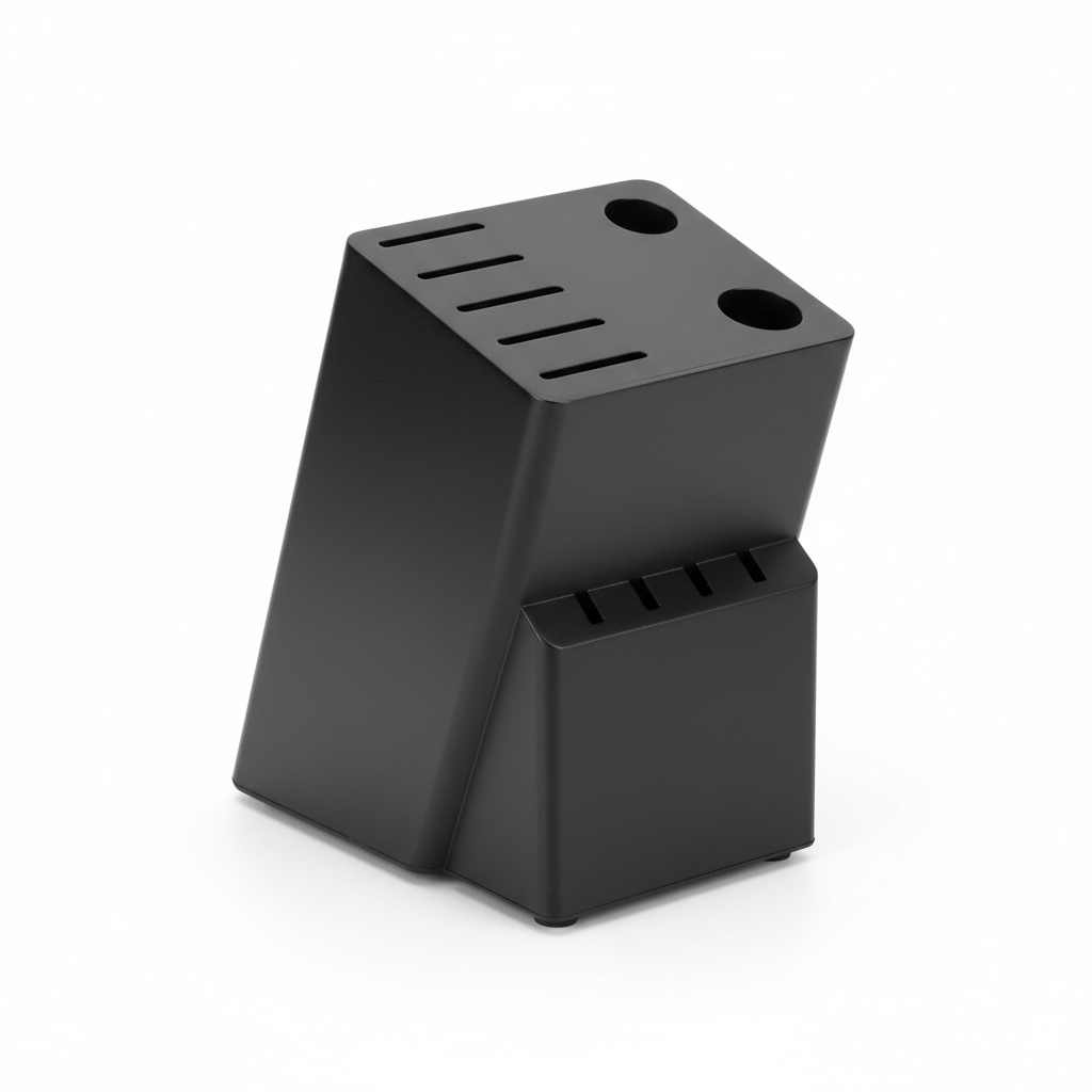 Freestanding kitchen knife storage block in matte black on pure white background