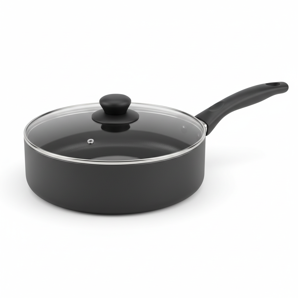 Multi-function non-stick sauté pan with tempered glass lid on pure white background