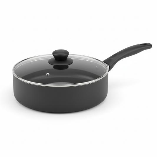 Multi-function non-stick sauté pan with tempered glass lid on pure white background