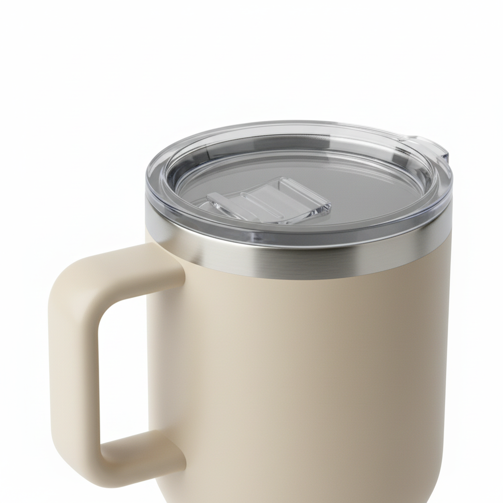 Close-up of clear acrylic slider lid, stainless steel rim, and handle on pure white background