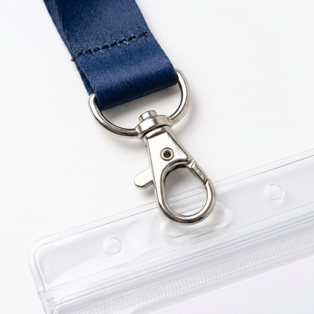 Detail close-up of event lanyard showing chrome lobster claw clip and clear PVC zip-lock badge holder on white background