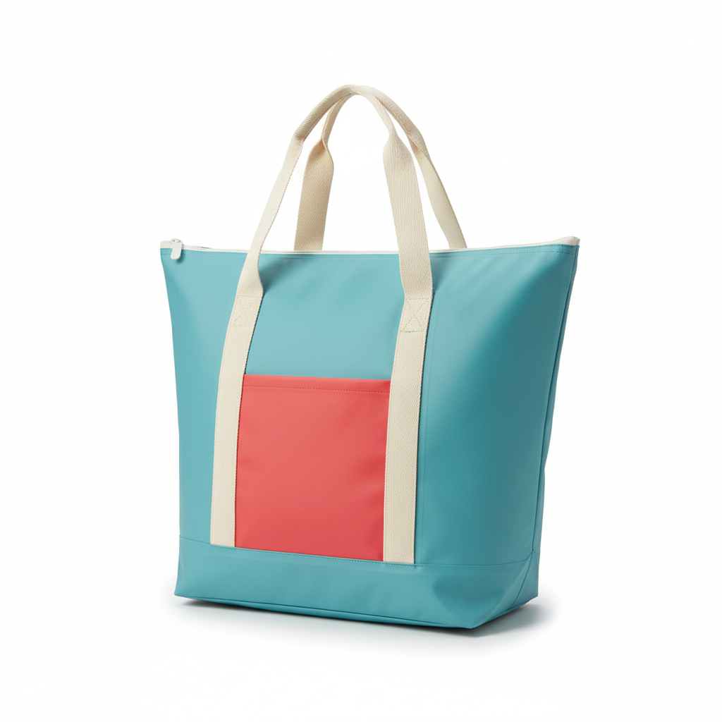 Aqua-blue water-resistant beach tote with cream reinforced handles, coral front pocket and white top zipper on a pure white background.