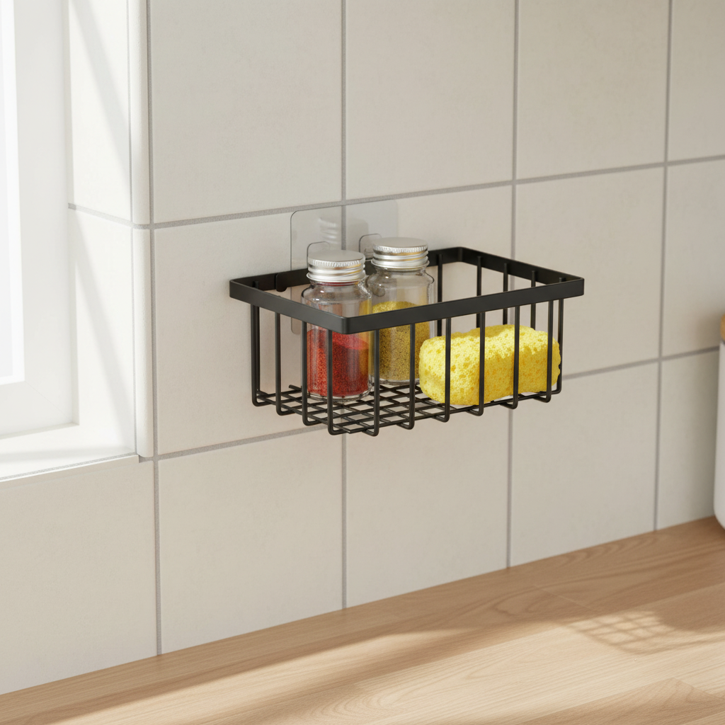 Wall-mounted kitchen storage rack with adhesive pad attached to kitchen tile wall