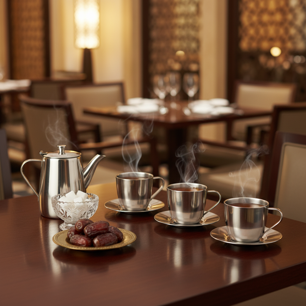 Stainless steel tea cup and saucer sets arranged on a hotel dining table with teapot and dates