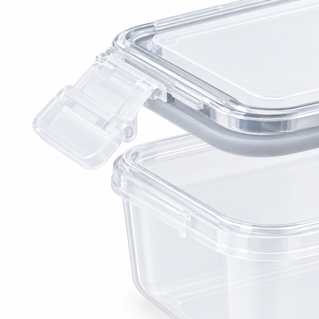 Close-up of the food container snap hinge latch and food-grade silicone sealing gasket ring