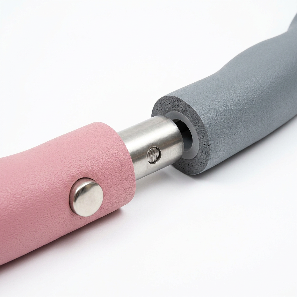Detail close-up of sectional weighted hula hoop stainless steel core and push-button snap lock on white background