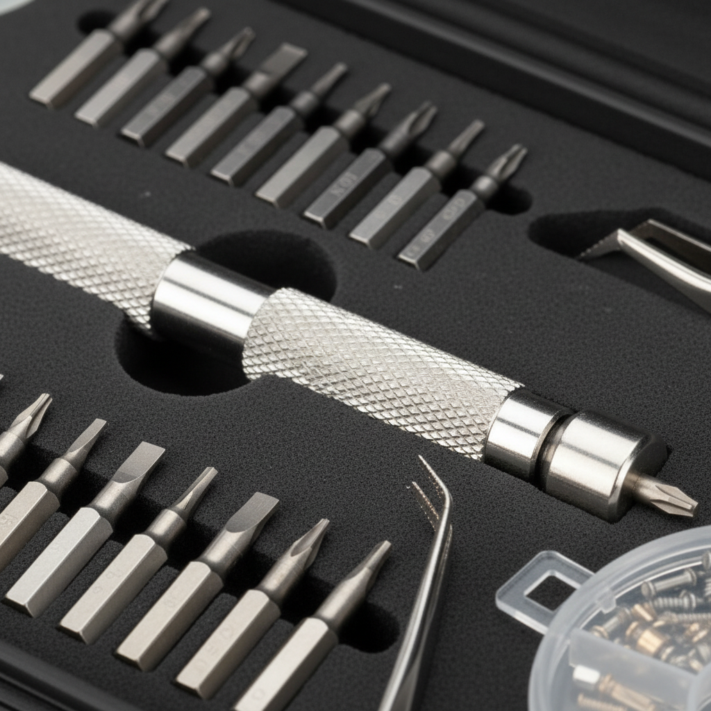 Macro detail of knurled aluminum handle, magnetic bits, and tweezers