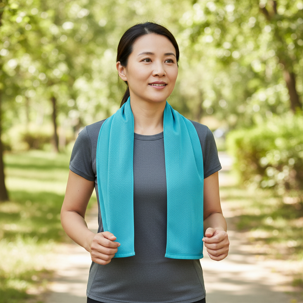 Adult Asian woman wearing the aqua-blue mesh cooling towel around her neck while taking a brisk walk on a sunny park trail.