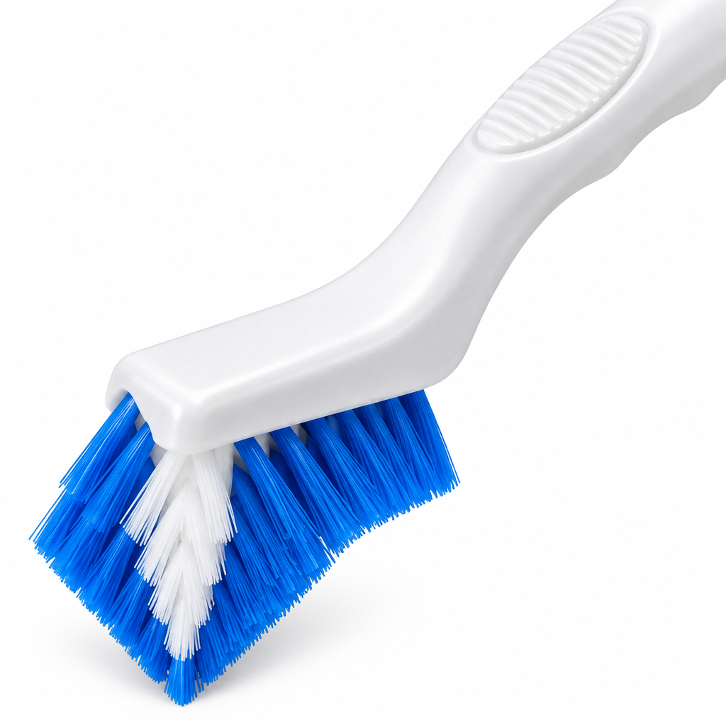 Close-up of the tile grout cleaning brush V-shaped blue and white bristles and ergonomic neck
