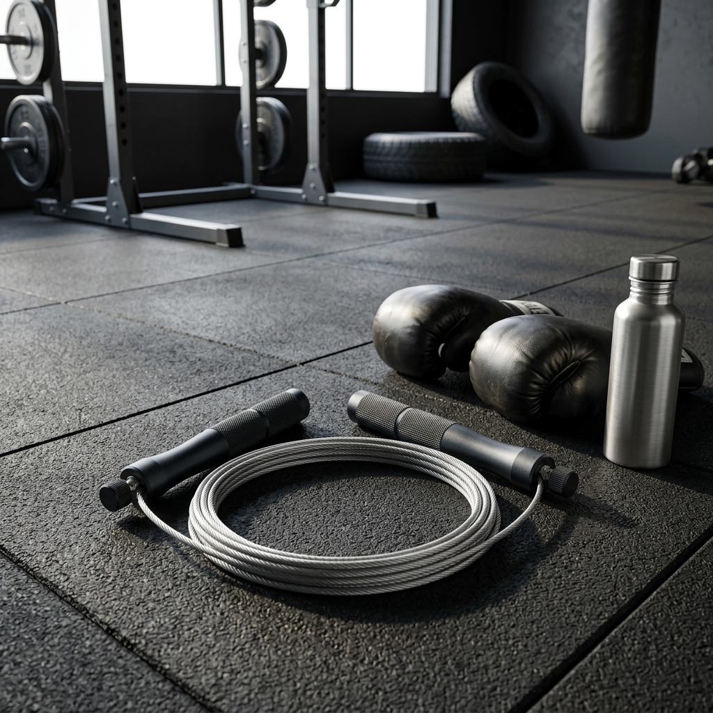 Adjustable speed skipping rope resting on a rubber gym floor in a fitness studio
