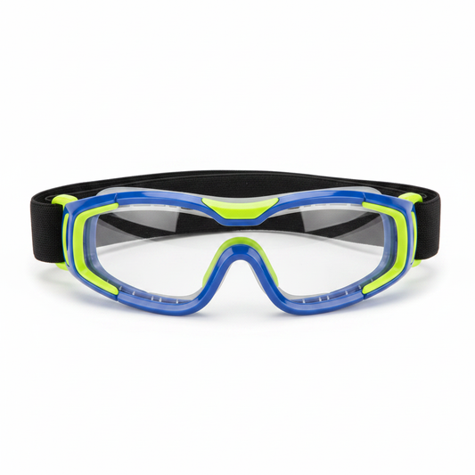 Kids protective sports goggles with flexible blue and lime frame on white background