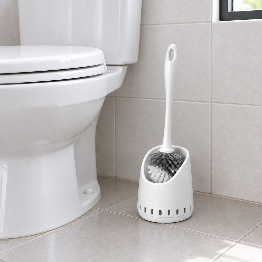 Toilet bowl brush set positioned beside an ordinary toilet in a Malaysian bathroom