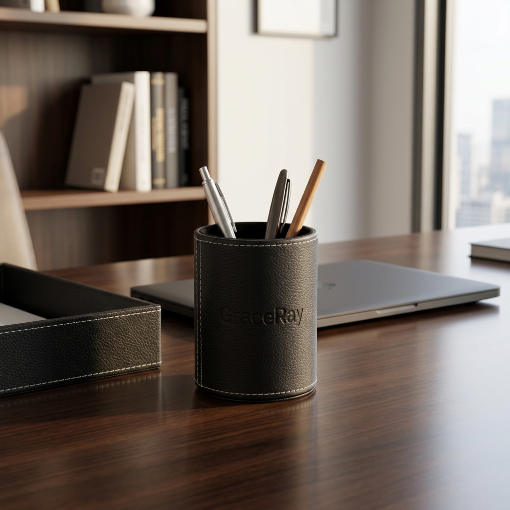 Custom black leather pen holder on an executive office desk beside a document tray