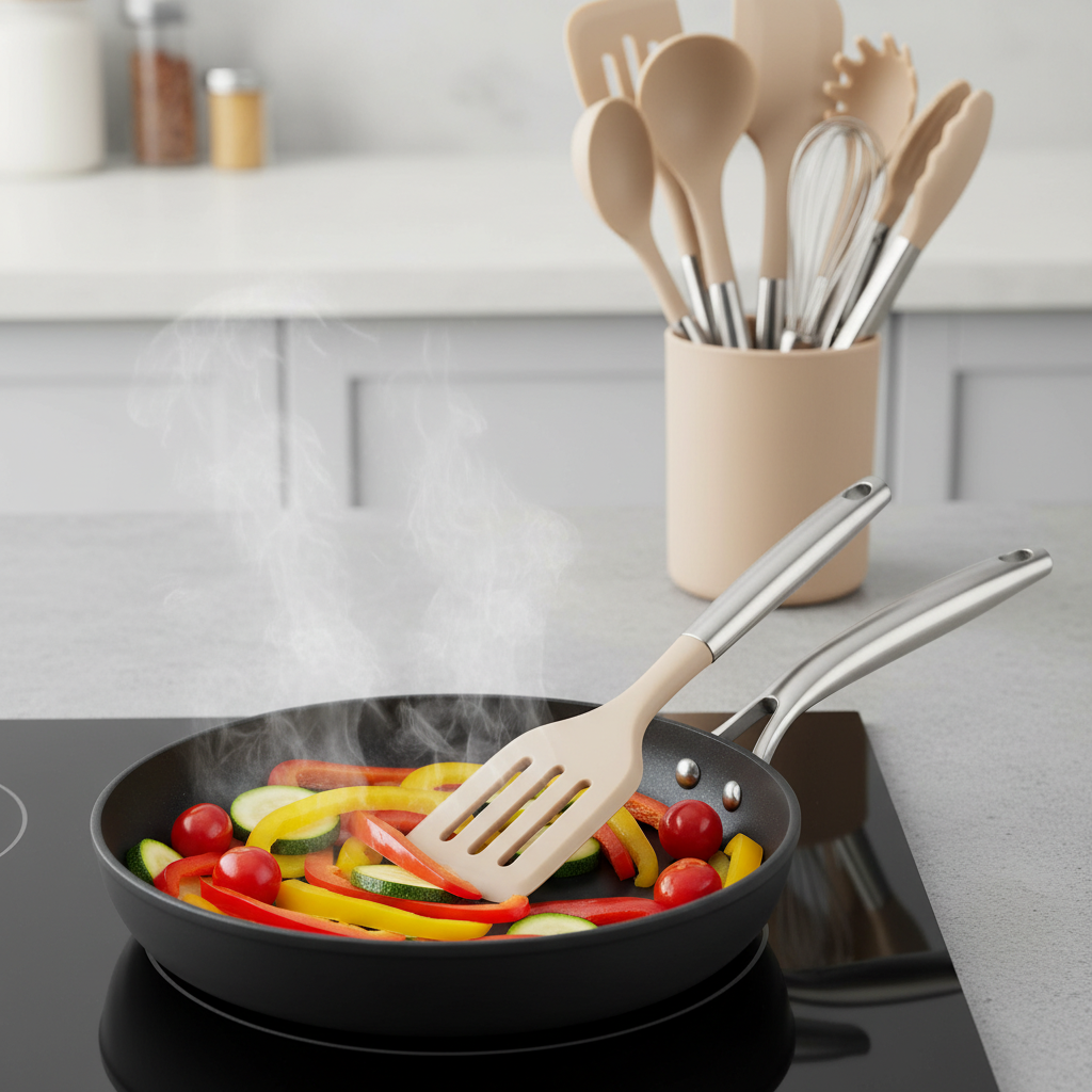 Silicone slotted turner stirring vegetables in non-stick skillet on kitchen stovetop