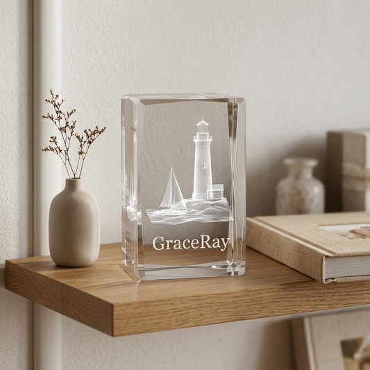 Custom 3D photo crystal keepsake displayed on an oak floating shelf in a photography studio showroom
