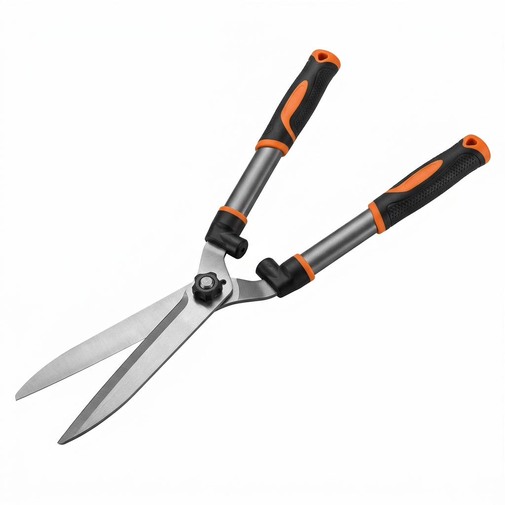 Standard manual hedge shears with long carbon steel blades, tension adjustment knob, and two-handed handles on pure white background