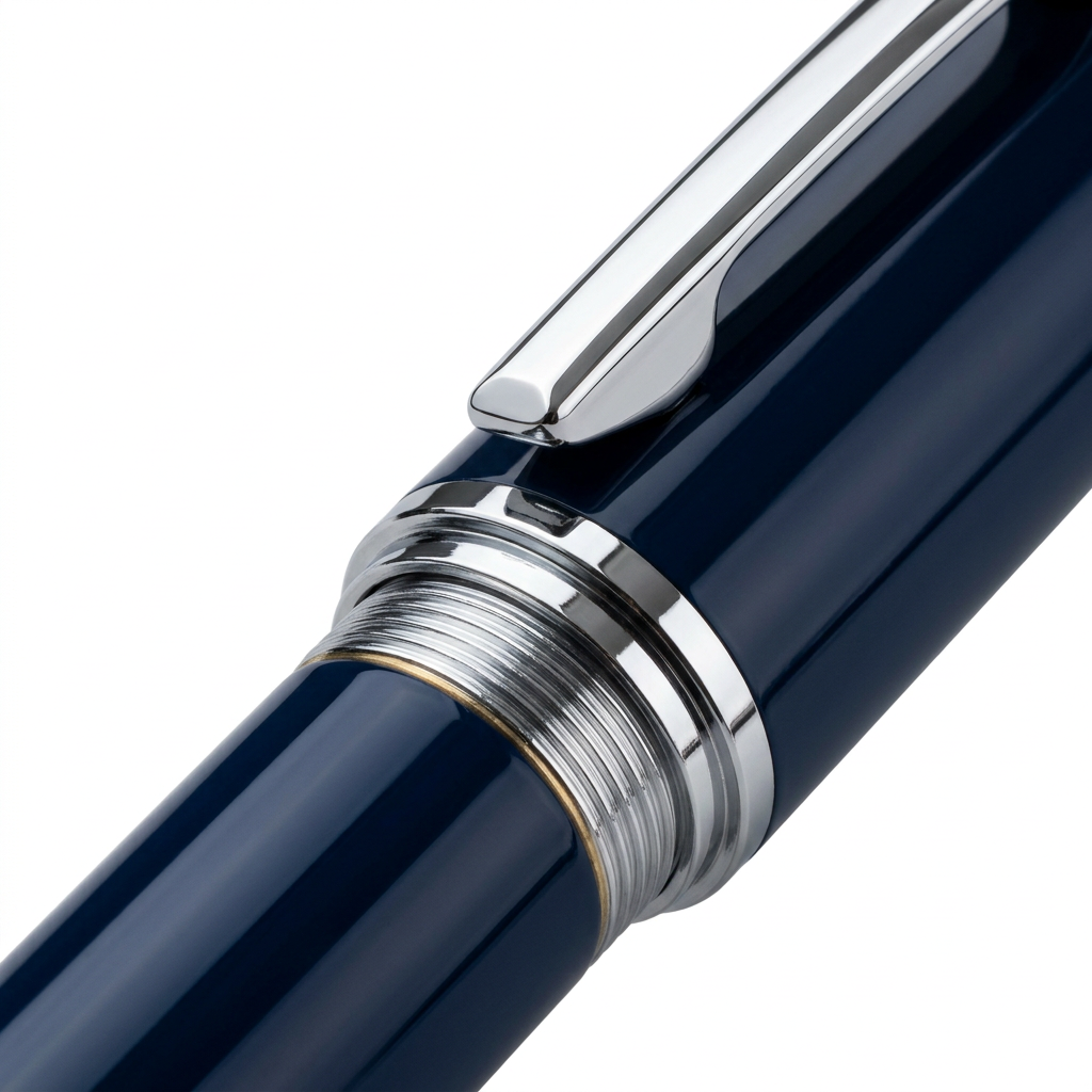 Detail close-up of executive metal pen showing CNC-machined clip, chrome accent bands, and lacquer finish on white background