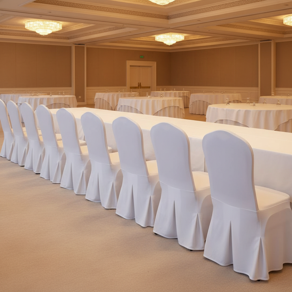 White hotel banquet chair covers fitted neatly over row of chairs in large hotel event hall with round banquet tables and white tablecloths, warm golden ambient lighting elegant Middle Eastern hotel ballroom with neutral warm-toned walls and decorative ceiling