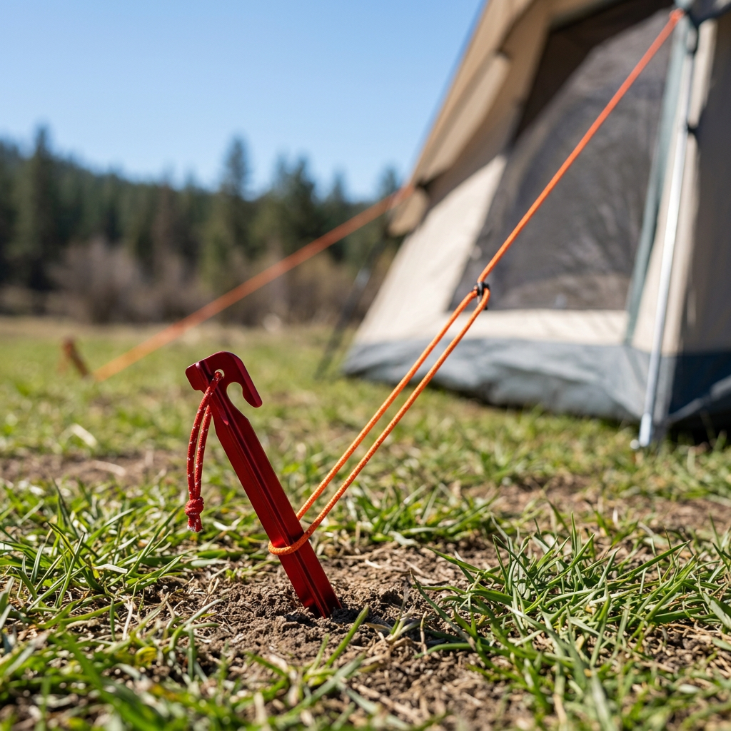 Red aluminum tent stake driven at a 60-degree angle into grass soil ground holding a guyline taut under tension