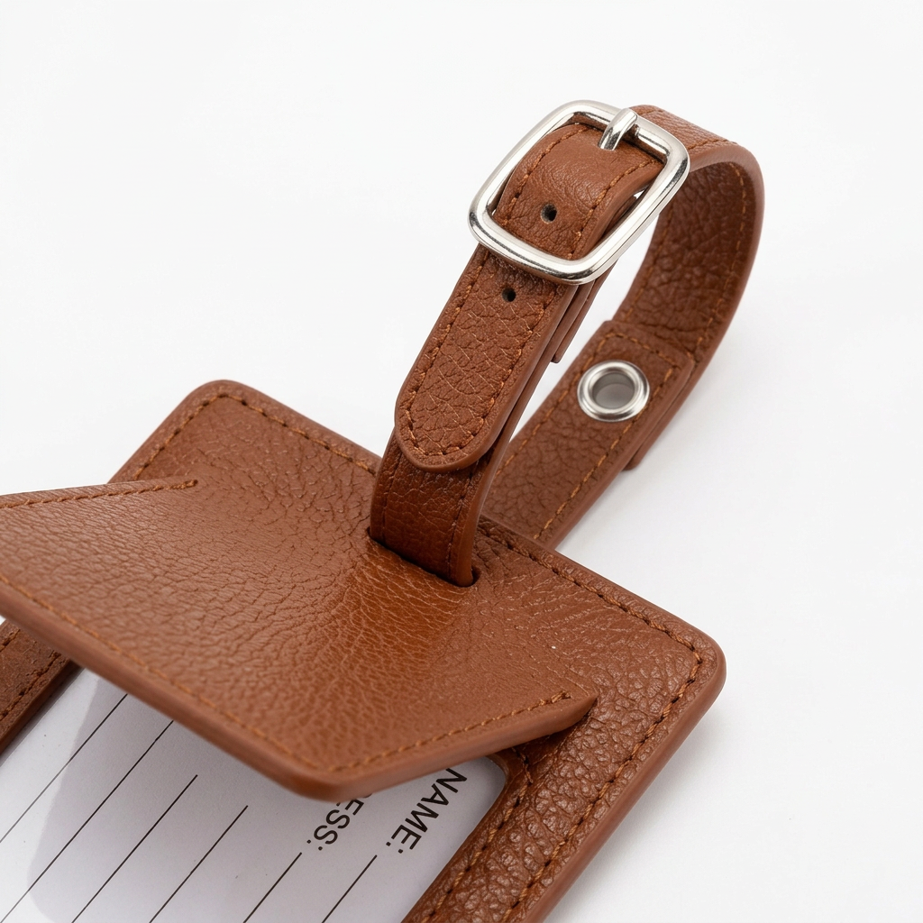 Detail close-up of leather luggage tag showing pin buckle strap and privacy flap on white background