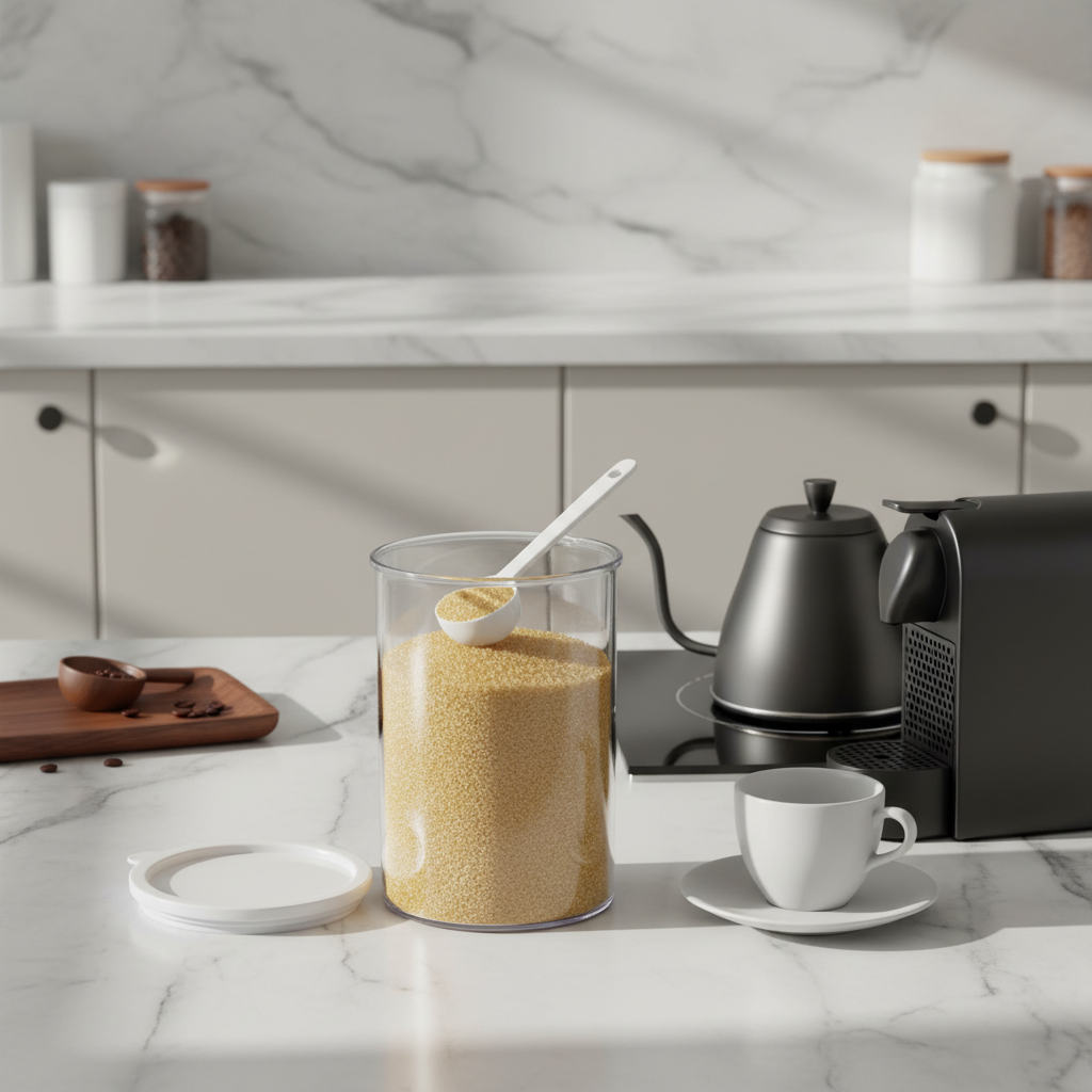 Food storage container holding sugar with integrated measuring spoon scooping on coffee station