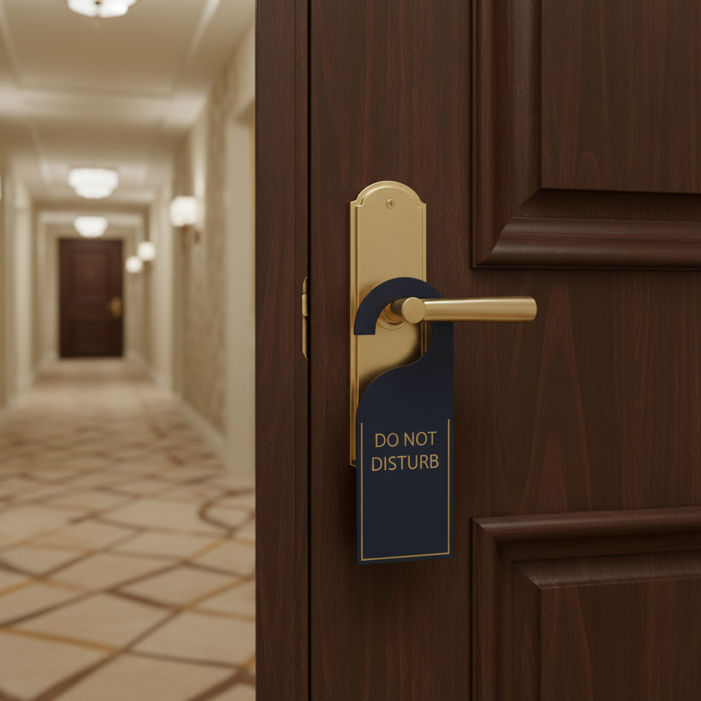 Hotel door hanger hung on brass door handle in hotel guestroom corridor