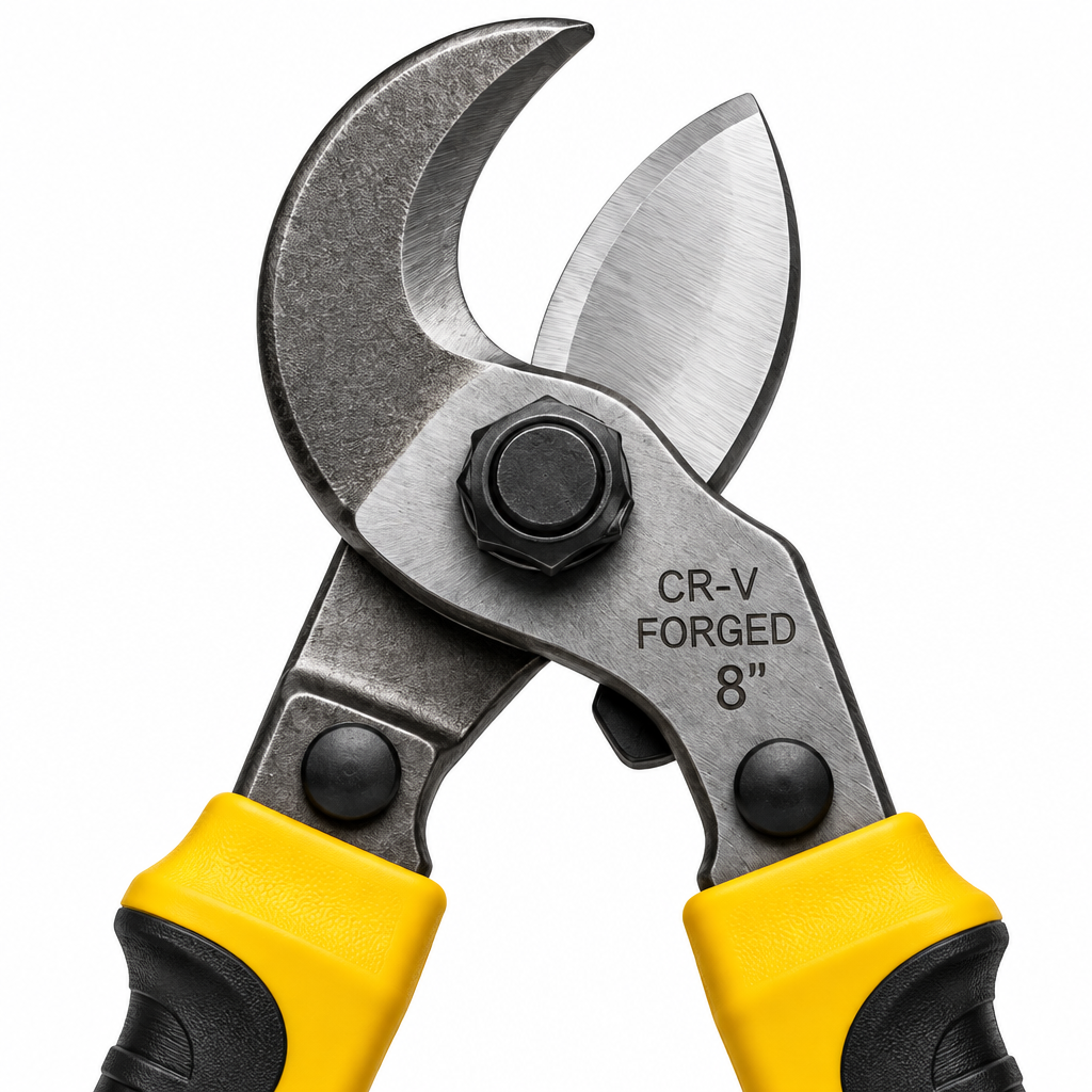 Macro close-up of forged cable cutter induction-hardened sickle jaws, pivot bolt, and yellow handle collar