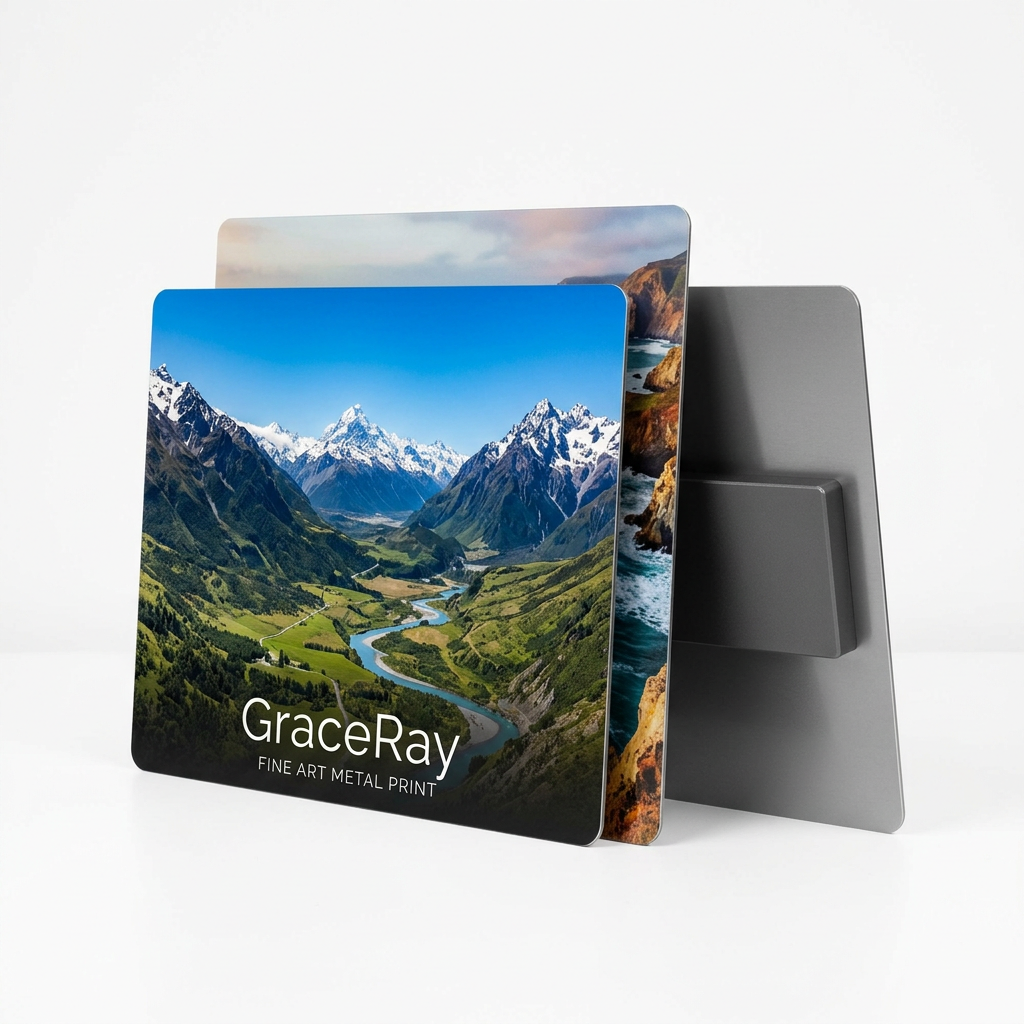 Custom metal photo print featuring a personalized photograph on a flat metal display panel.